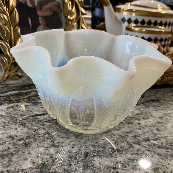 Dugan Glass Company Other - Antique EAPG White Opalescent “Jeweled Heart” Dugan Ruffled Glass Bowl!